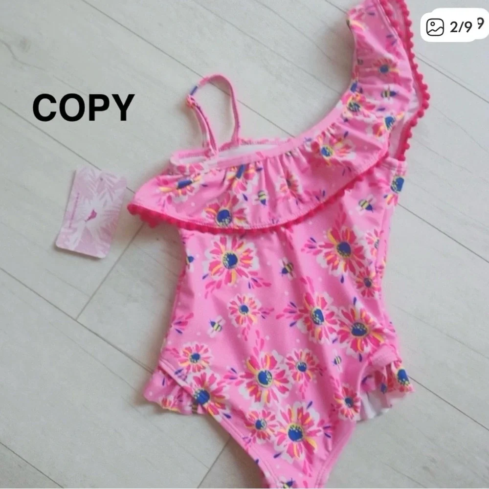 Tommy Bahama Little Girl Pink Floral & Bee One-Shoulder Swimsuit with hat size 6 - Picture 2 of 9
